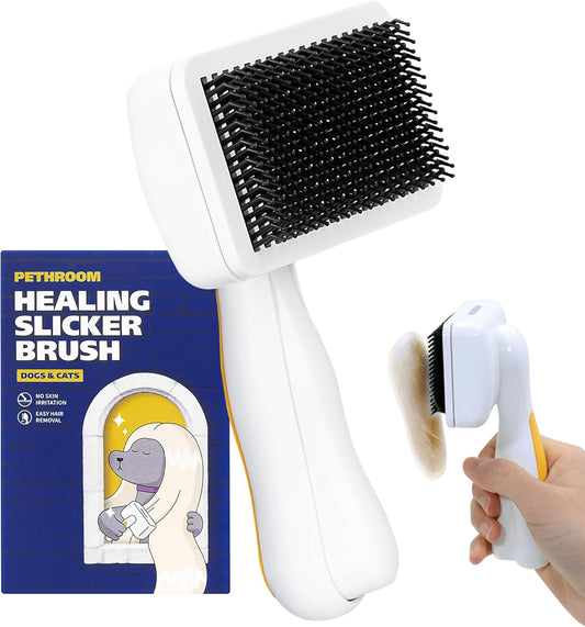 Self-Cleaning Slicker Brush for Dogs & Cats | Gentle Grooming & Deshedding Tool, Removes Mats & Tangles, Skin-Friendly Coated Tips, One-Touch Hair Removal Button
