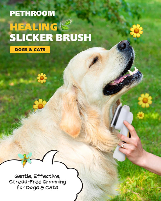 Self-Cleaning Slicker Brush for Dogs & Cats | Gentle Grooming & Deshedding Tool, Removes Mats & Tangles, Skin-Friendly Coated Tips, One-Touch Hair Removal Button