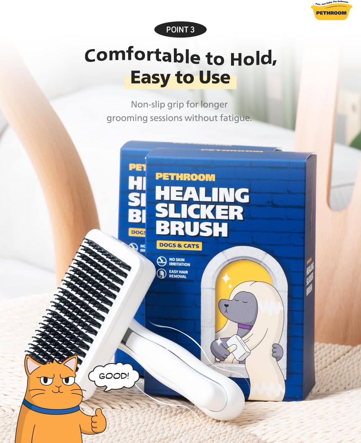 Self-Cleaning Slicker Brush for Dogs & Cats | Gentle Grooming & Deshedding Tool, Removes Mats & Tangles, Skin-Friendly Coated Tips, One-Touch Hair Removal Button