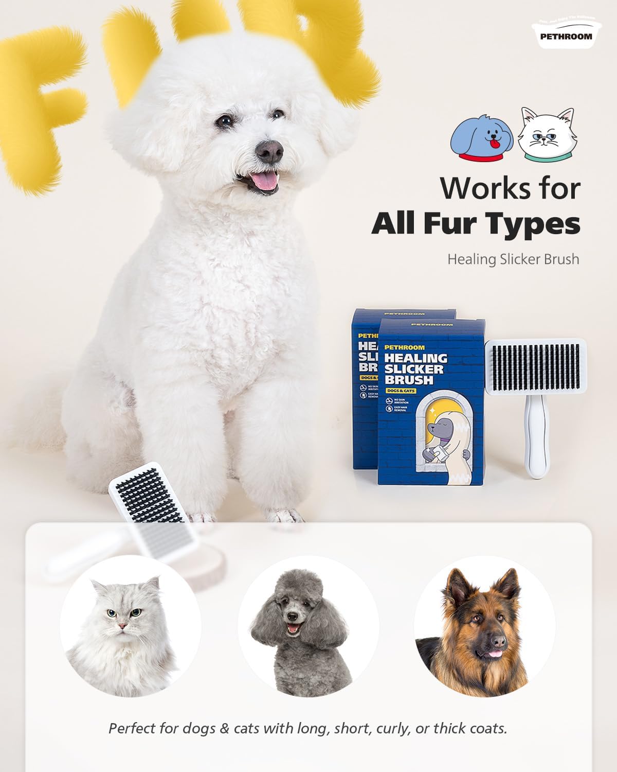 Self-Cleaning Slicker Brush for Dogs & Cats | Gentle Grooming & Deshedding Tool, Removes Mats & Tangles, Skin-Friendly Coated Tips, One-Touch Hair Removal Button