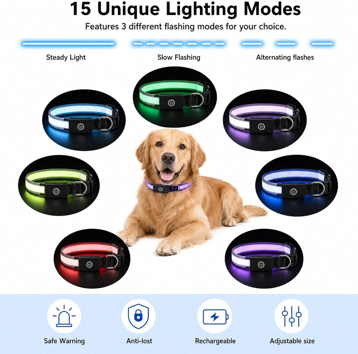 Super Bright Light Up Dog Collar for Night Walking, Long Lasting, 15 Modes