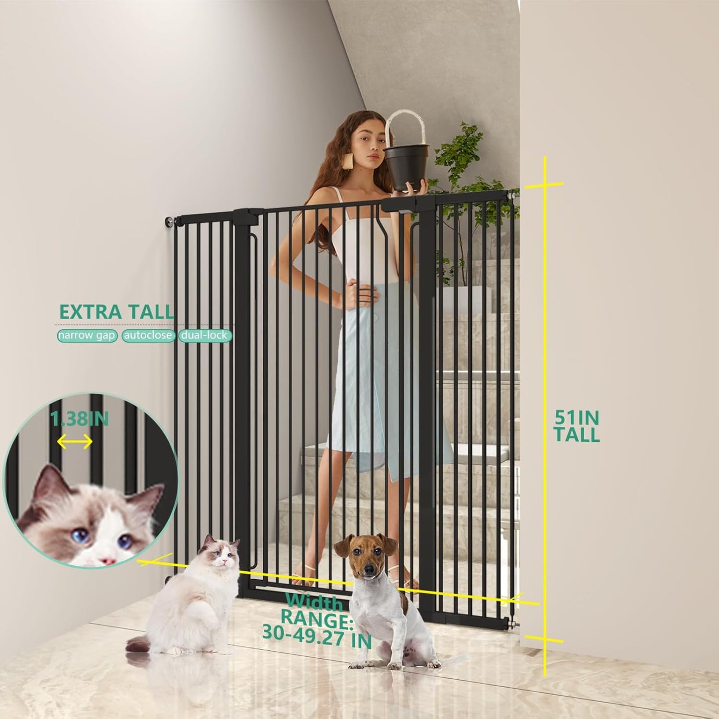 51" Extra Tall Cat Gate for Doorway Auto Close Encrypted Cat Gate 30"-49.27" Adjustable Width Pet Gate Include 5.5" and 8.26" Extension Kits No Drilling Pressure Mount Kit