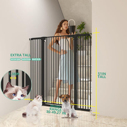 51" Extra Tall Cat Gate for Doorway Auto Close Encrypted Cat Gate 30"-49.27" Adjustable Width Pet Gate Include 5.5" and 8.26" Extension Kits No Drilling Pressure Mount Kit