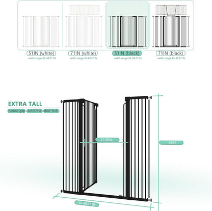 51" Extra Tall Cat Gate for Doorway Auto Close Encrypted Cat Gate 30"-49.27" Adjustable Width Pet Gate Include 5.5" and 8.26" Extension Kits No Drilling Pressure Mount Kit