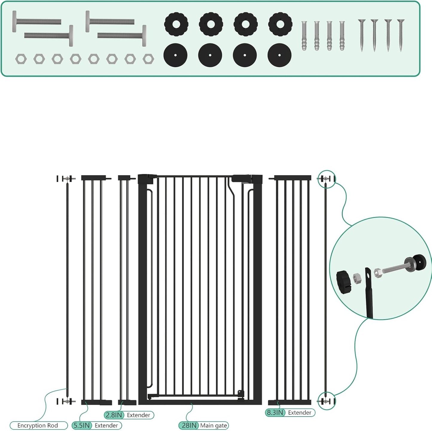 51" Extra Tall Cat Gate for Doorway Auto Close Encrypted Cat Gate 30"-49.27" Adjustable Width Pet Gate Include 5.5" and 8.26" Extension Kits No Drilling Pressure Mount Kit