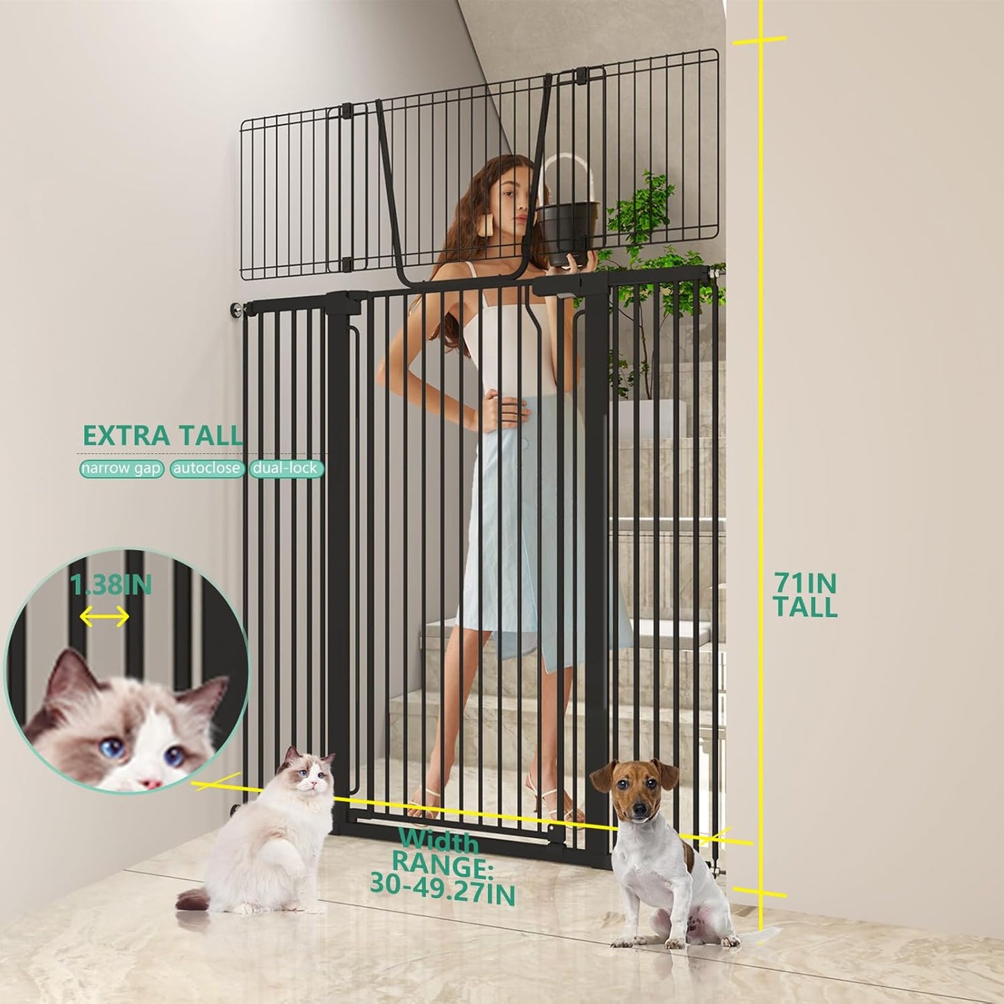 51" Extra Tall Cat Gate for Doorway Auto Close Encrypted Cat Gate 30"-49.27" Adjustable Width Pet Gate Include 5.5" and 8.26" Extension Kits No Drilling Pressure Mount Kit