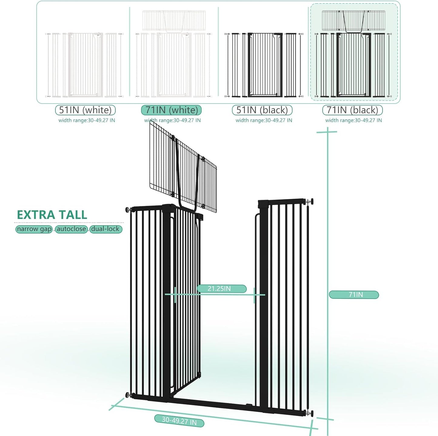 51" Extra Tall Cat Gate for Doorway Auto Close Encrypted Cat Gate 30"-49.27" Adjustable Width Pet Gate Include 5.5" and 8.26" Extension Kits No Drilling Pressure Mount Kit