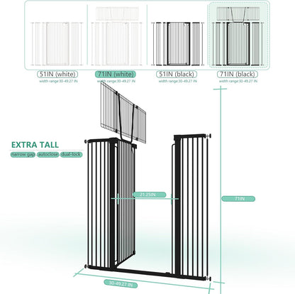 51" Extra Tall Cat Gate for Doorway Auto Close Encrypted Cat Gate 30"-49.27" Adjustable Width Pet Gate Include 5.5" and 8.26" Extension Kits No Drilling Pressure Mount Kit