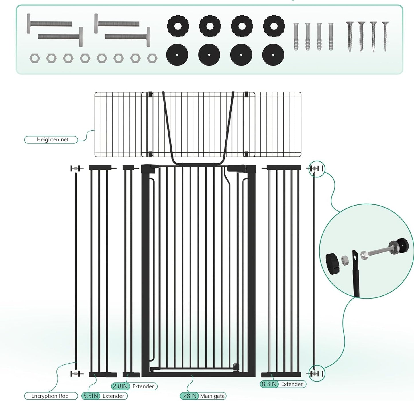 51" Extra Tall Cat Gate for Doorway Auto Close Encrypted Cat Gate 30"-49.27" Adjustable Width Pet Gate Include 5.5" and 8.26" Extension Kits No Drilling Pressure Mount Kit