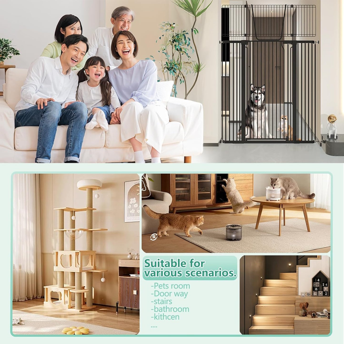 51" Extra Tall Cat Gate for Doorway Auto Close Encrypted Cat Gate 30"-49.27" Adjustable Width Pet Gate Include 5.5" and 8.26" Extension Kits No Drilling Pressure Mount Kit