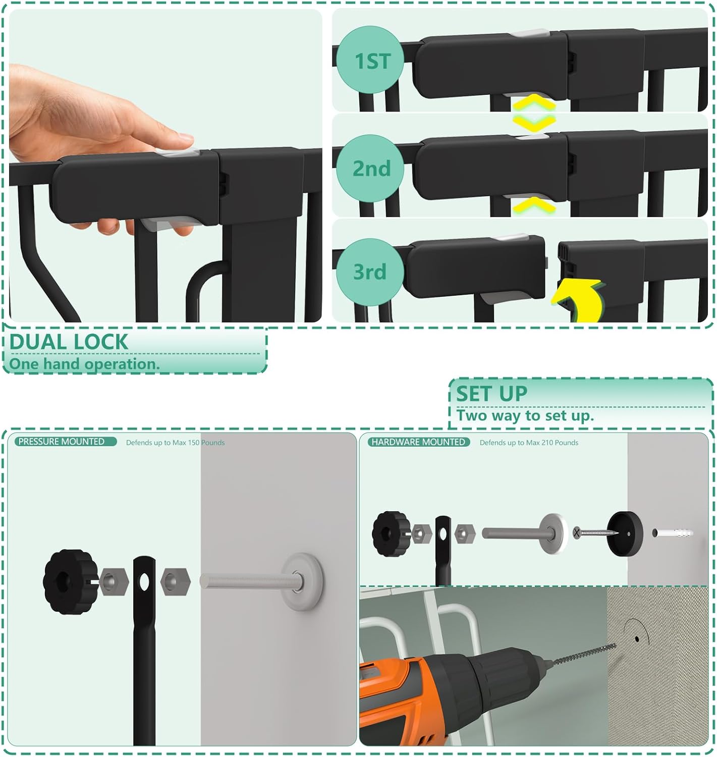51" Extra Tall Cat Gate for Doorway Auto Close Encrypted Cat Gate 30"-49.27" Adjustable Width Pet Gate Include 5.5" and 8.26" Extension Kits No Drilling Pressure Mount Kit