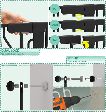 51" Extra Tall Cat Gate for Doorway Auto Close Encrypted Cat Gate 30"-49.27" Adjustable Width Pet Gate Include 5.5" and 8.26" Extension Kits No Drilling Pressure Mount Kit