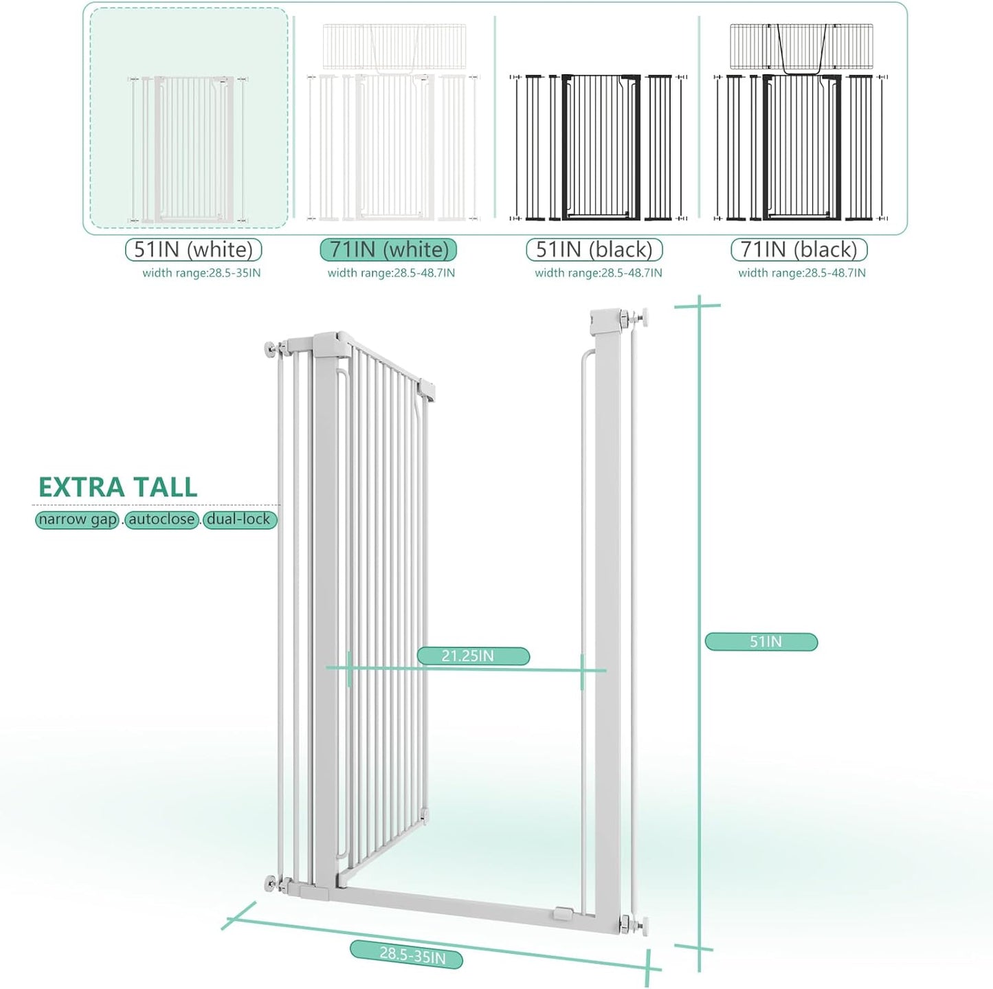 51" Extra Tall Cat Gate for Doorway Auto Close Encrypted Cat Gate 30"-49.27" Adjustable Width Pet Gate Include 5.5" and 8.26" Extension Kits No Drilling Pressure Mount Kit