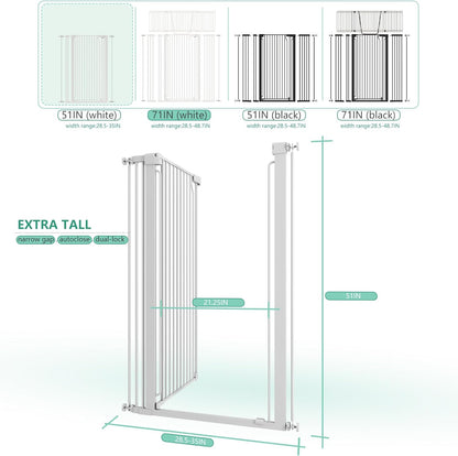 51" Extra Tall Cat Gate for Doorway Auto Close Encrypted Cat Gate 30"-49.27" Adjustable Width Pet Gate Include 5.5" and 8.26" Extension Kits No Drilling Pressure Mount Kit