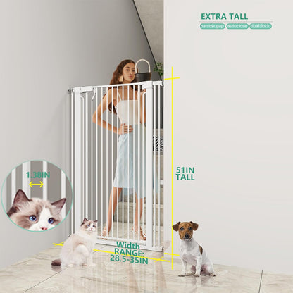 51" Extra Tall Cat Gate for Doorway Auto Close Encrypted Cat Gate 30"-49.27" Adjustable Width Pet Gate Include 5.5" and 8.26" Extension Kits No Drilling Pressure Mount Kit