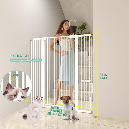 51" Extra Tall Cat Gate for Doorway Auto Close Encrypted Cat Gate 30"-49.27" Adjustable Width Pet Gate Include 5.5" and 8.26" Extension Kits No Drilling Pressure Mount Kit