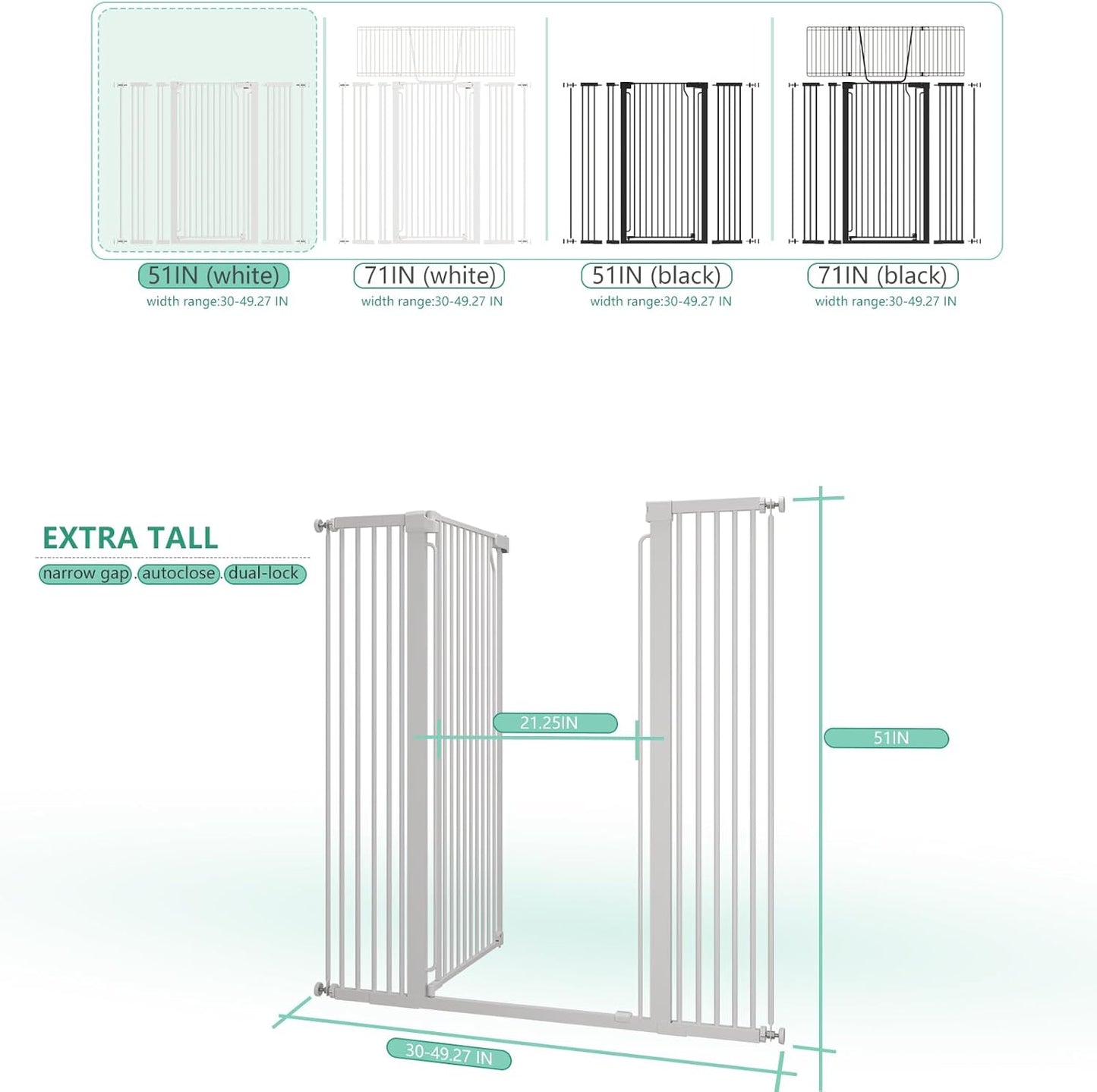 51" Extra Tall Cat Gate for Doorway Auto Close Encrypted Cat Gate 30"-49.27" Adjustable Width Pet Gate Include 5.5" and 8.26" Extension Kits No Drilling Pressure Mount Kit