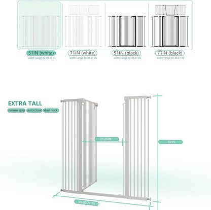 51" Extra Tall Cat Gate for Doorway Auto Close Encrypted Cat Gate 30"-49.27" Adjustable Width Pet Gate Include 5.5" and 8.26" Extension Kits No Drilling Pressure Mount Kit