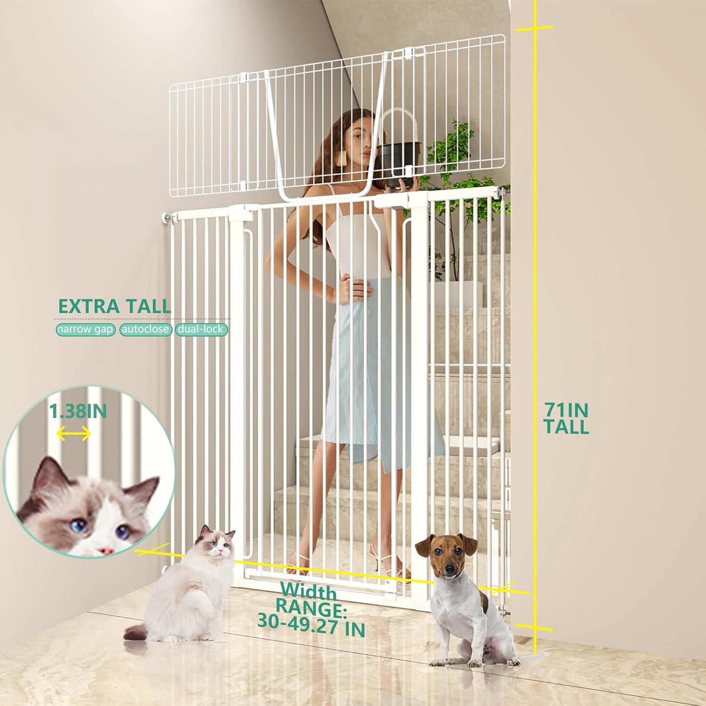 51" Extra Tall Cat Gate for Doorway Auto Close Encrypted Cat Gate 30"-49.27" Adjustable Width Pet Gate Include 5.5" and 8.26" Extension Kits No Drilling Pressure Mount Kit