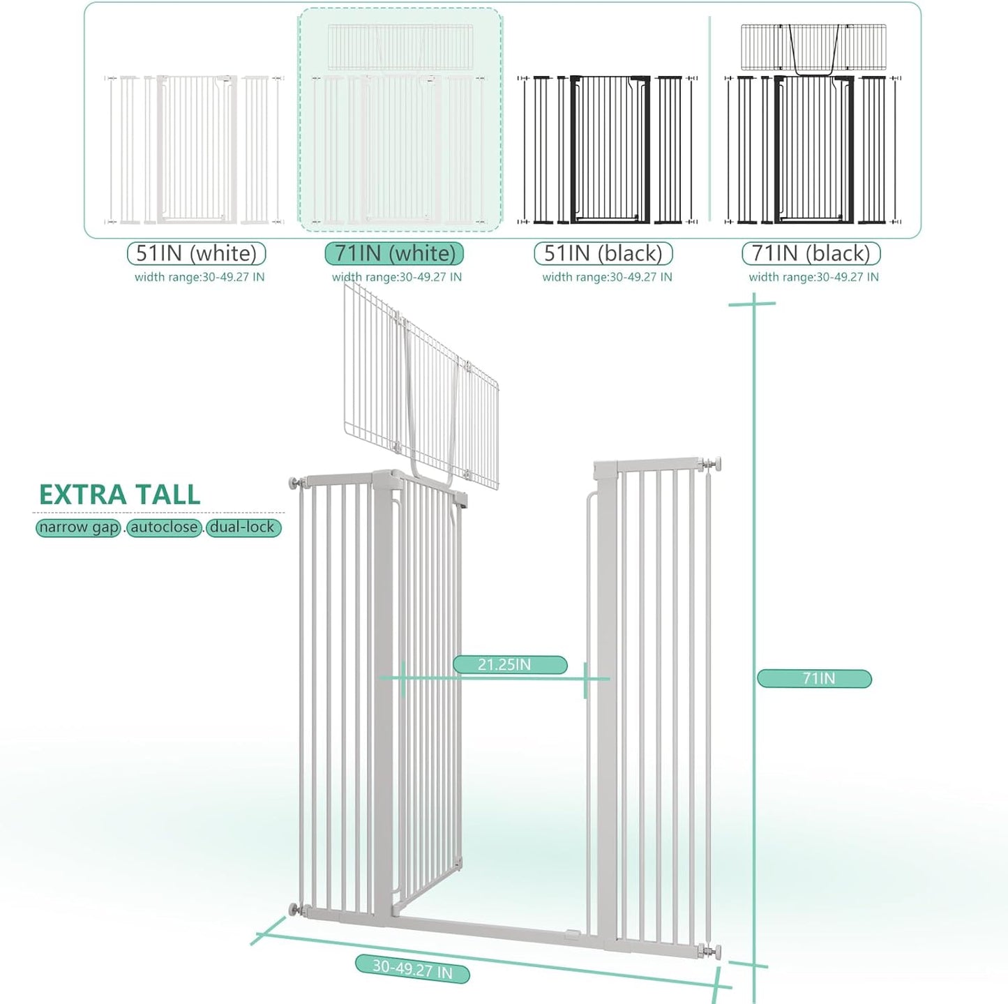 51" Extra Tall Cat Gate for Doorway Auto Close Encrypted Cat Gate 30"-49.27" Adjustable Width Pet Gate Include 5.5" and 8.26" Extension Kits No Drilling Pressure Mount Kit