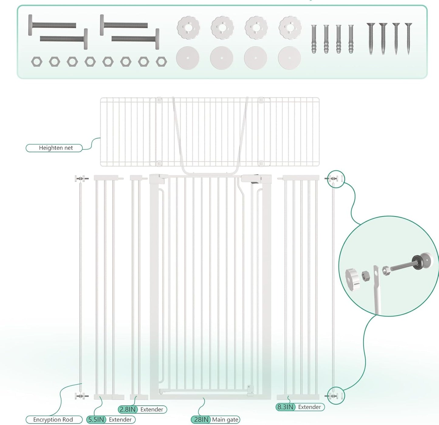 51" Extra Tall Cat Gate for Doorway Auto Close Encrypted Cat Gate 30"-49.27" Adjustable Width Pet Gate Include 5.5" and 8.26" Extension Kits No Drilling Pressure Mount Kit