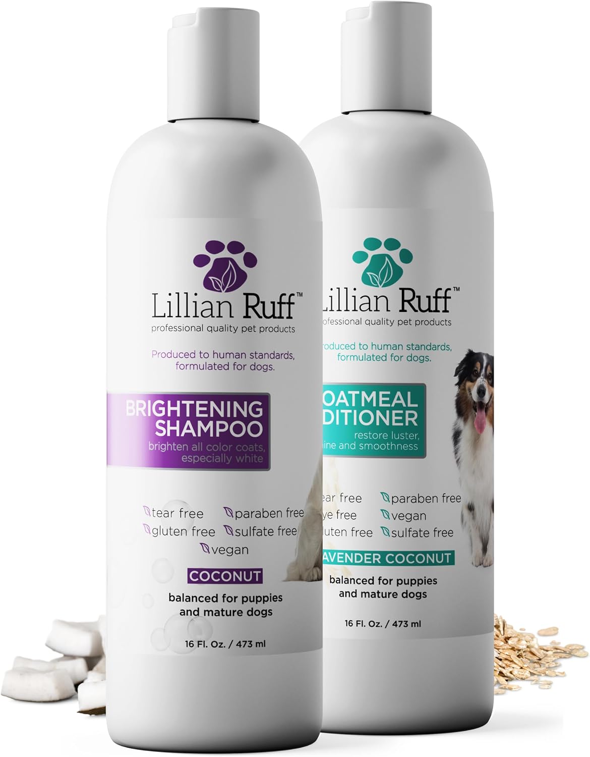 Brightening Shampoo & Oatmeal Conditioner Set for Dogs – Safe for Cats - Tear Free Coconut Scent with Aloe for Normal, Dry & Sensitive Skin