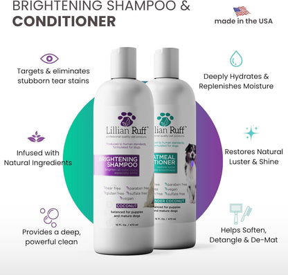 Brightening Shampoo & Oatmeal Conditioner Set for Dogs – Safe for Cats - Tear Free Coconut Scent with Aloe for Normal, Dry & Sensitive Skin