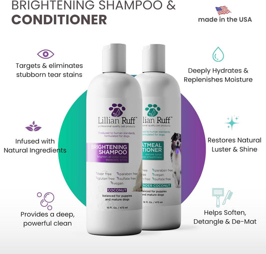 Brightening Shampoo & Oatmeal Conditioner Set for Dogs – Safe for Cats - Tear Free Coconut Scent with Aloe for Normal, Dry & Sensitive Skin