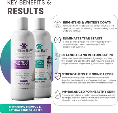 Brightening Shampoo & Oatmeal Conditioner Set for Dogs – Safe for Cats - Tear Free Coconut Scent with Aloe for Normal, Dry & Sensitive Skin