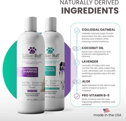 Brightening Shampoo & Oatmeal Conditioner Set for Dogs – Safe for Cats - Tear Free Coconut Scent with Aloe for Normal, Dry & Sensitive Skin