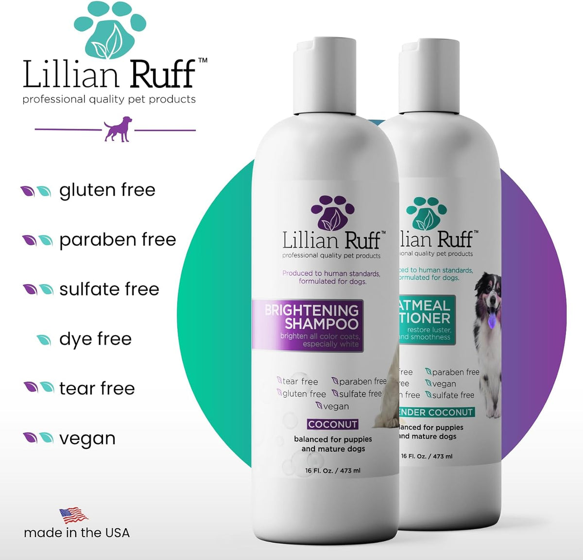Brightening Shampoo & Oatmeal Conditioner Set for Dogs – Safe for Cats - Tear Free Coconut Scent with Aloe for Normal, Dry & Sensitive Skin