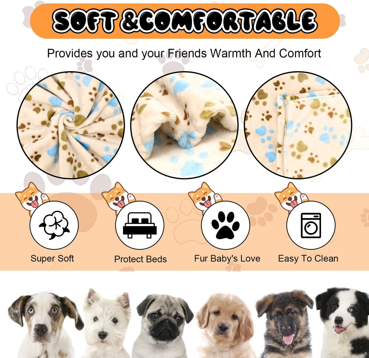 Blanket for Large Dogs & Cats Soft Reversible Cute Paw 40"x31"