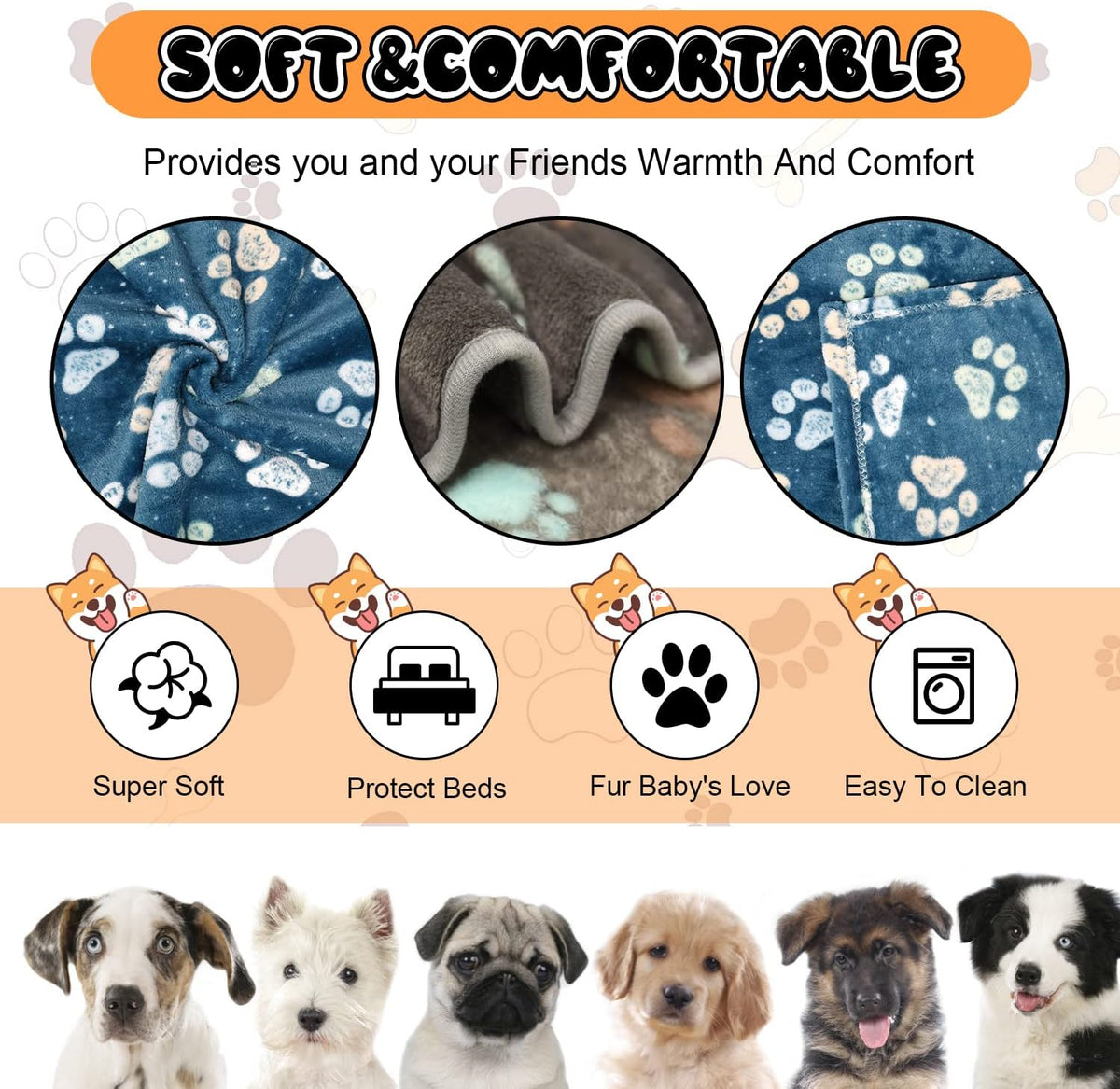 Blanket for Large Dogs & Cats Soft Reversible Cute Paw 40"x31"