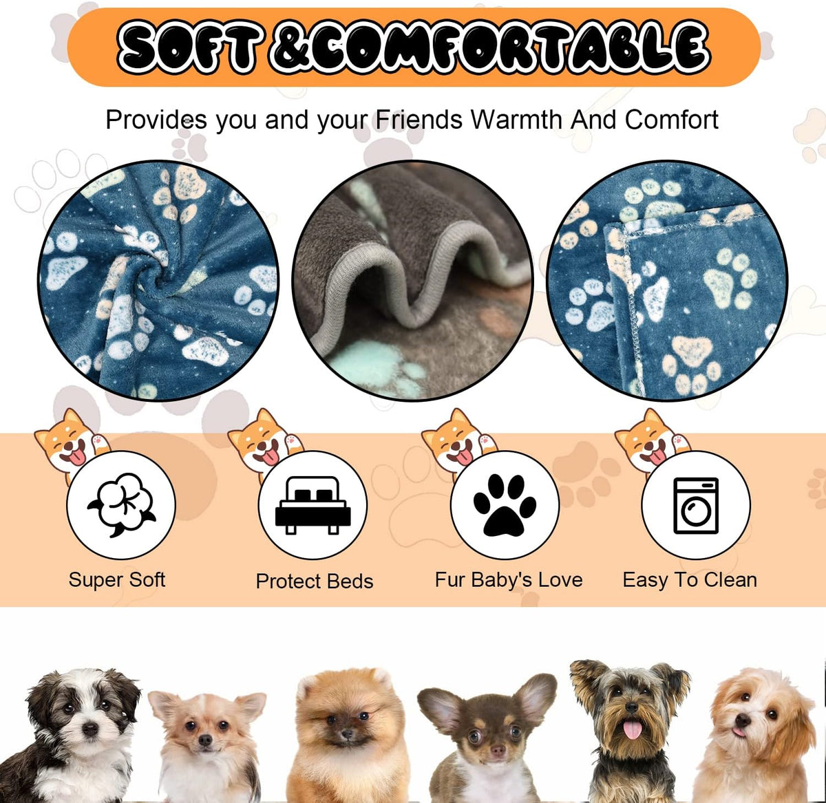Blanket for Large Dogs & Cats Soft Reversible Cute Paw 40"x31"