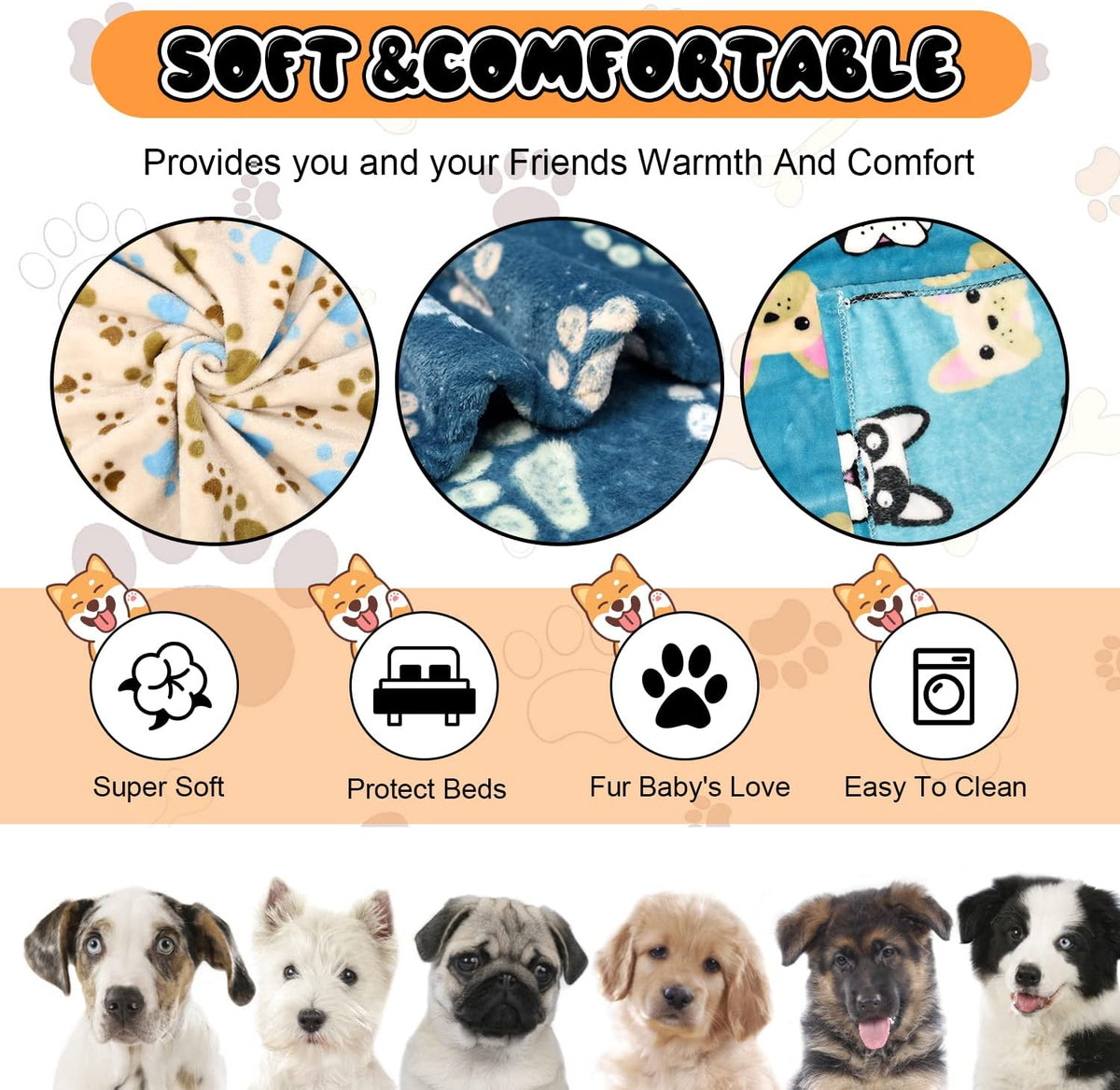 Blanket for Large Dogs & Cats Soft Reversible Cute Paw 40"x31"
