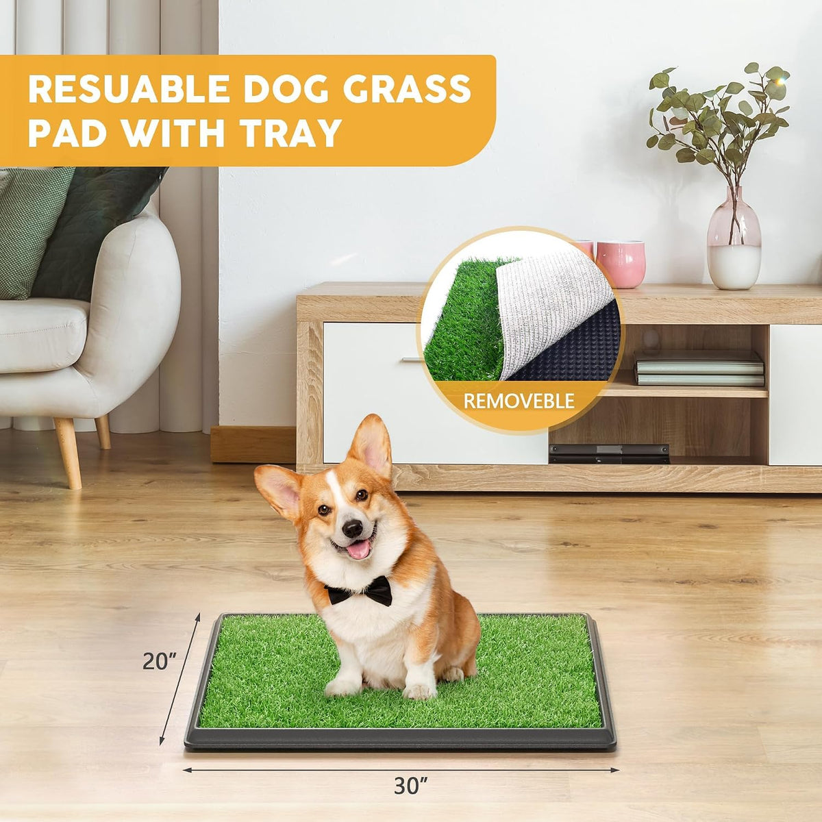 Dog Grass Pad with Tray, 25" x 20" Dog Grass Potty Tray, Indoor Dog Potty