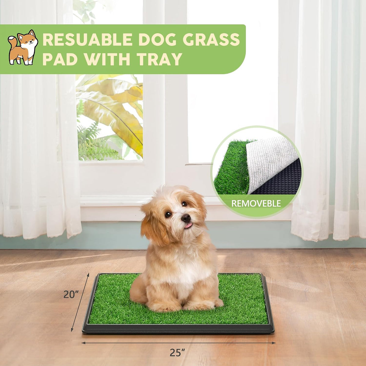 Dog Grass Pad with Tray, 25" x 20" Dog Grass Potty Tray, Indoor Dog Potty