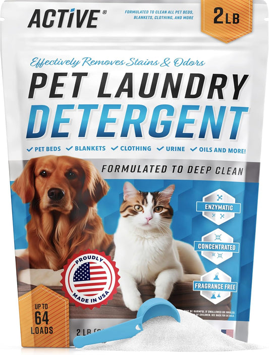 Pet Laundry Detergent Odor Remover - Enzyme Based Powder Detergent for Dogs Beds, Cat Pee, HE Washer Friendly Natural Enzymatic Deodorizer, Urine, Smell, Dog Drool, Stain Eliminator - 64 Loads