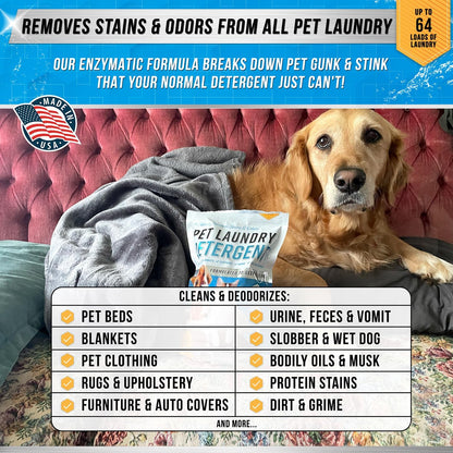 Pet Laundry Detergent Odor Remover - Enzyme Based Powder Detergent for Dogs Beds, Cat Pee, HE Washer Friendly Natural Enzymatic Deodorizer, Urine, Smell, Dog Drool, Stain Eliminator - 64 Loads