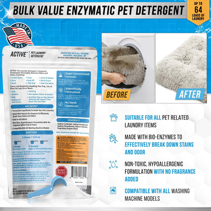 Pet Laundry Detergent Odor Remover - Enzyme Based Powder Detergent for Dogs Beds, Cat Pee, HE Washer Friendly Natural Enzymatic Deodorizer, Urine, Smell, Dog Drool, Stain Eliminator - 64 Loads