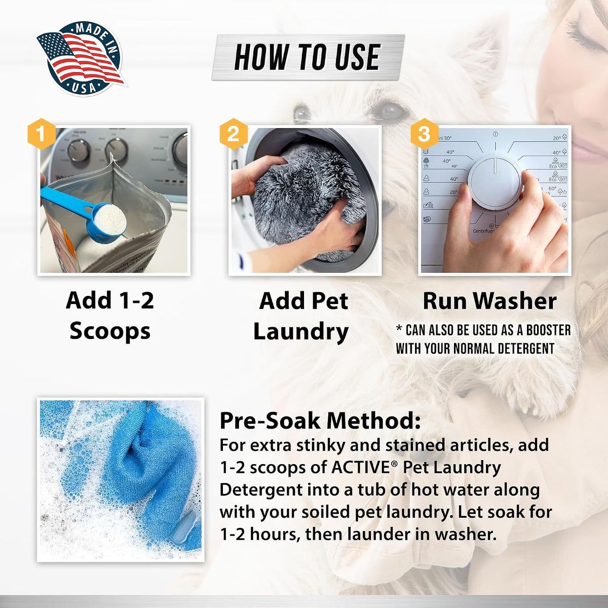 Pet Laundry Detergent Odor Remover - Enzyme Based Powder Detergent for Dogs Beds, Cat Pee, HE Washer Friendly Natural Enzymatic Deodorizer, Urine, Smell, Dog Drool, Stain Eliminator - 64 Loads
