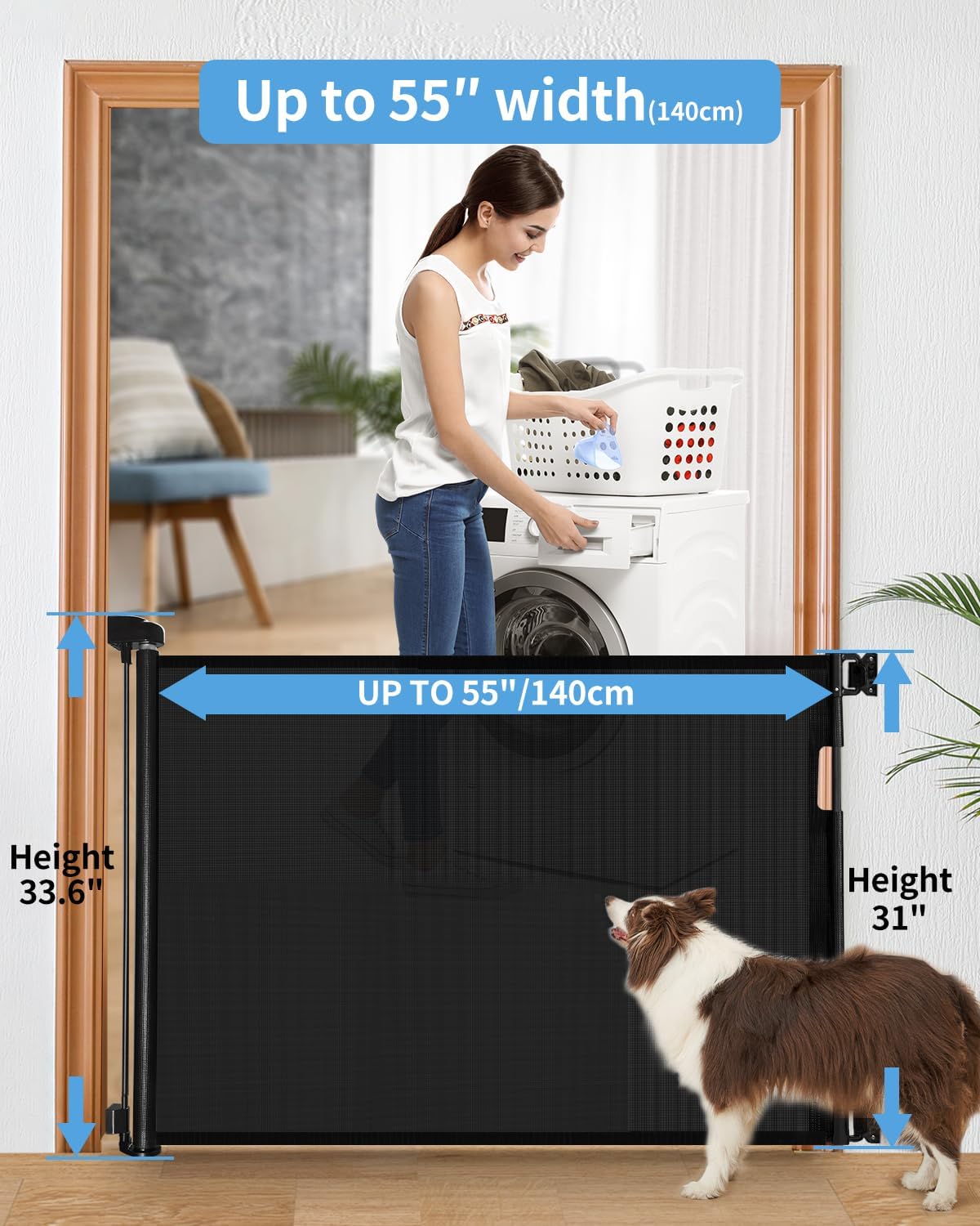 33" H Retractable Baby&Dog Gate, Fits up to 55" W, Hardware Mounted