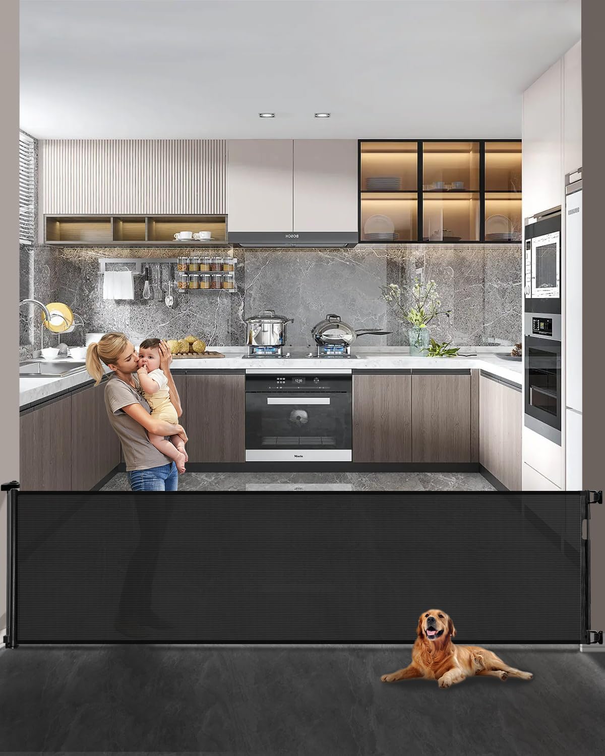 33" H Retractable Baby&Dog Gate, Fits up to 55" W, Hardware Mounted