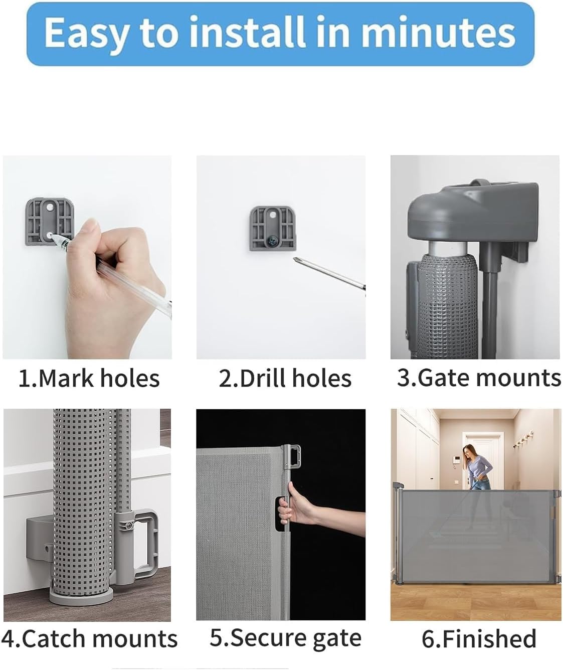 33" H Retractable Baby&Dog Gate, Fits up to 55" W, Hardware Mounted