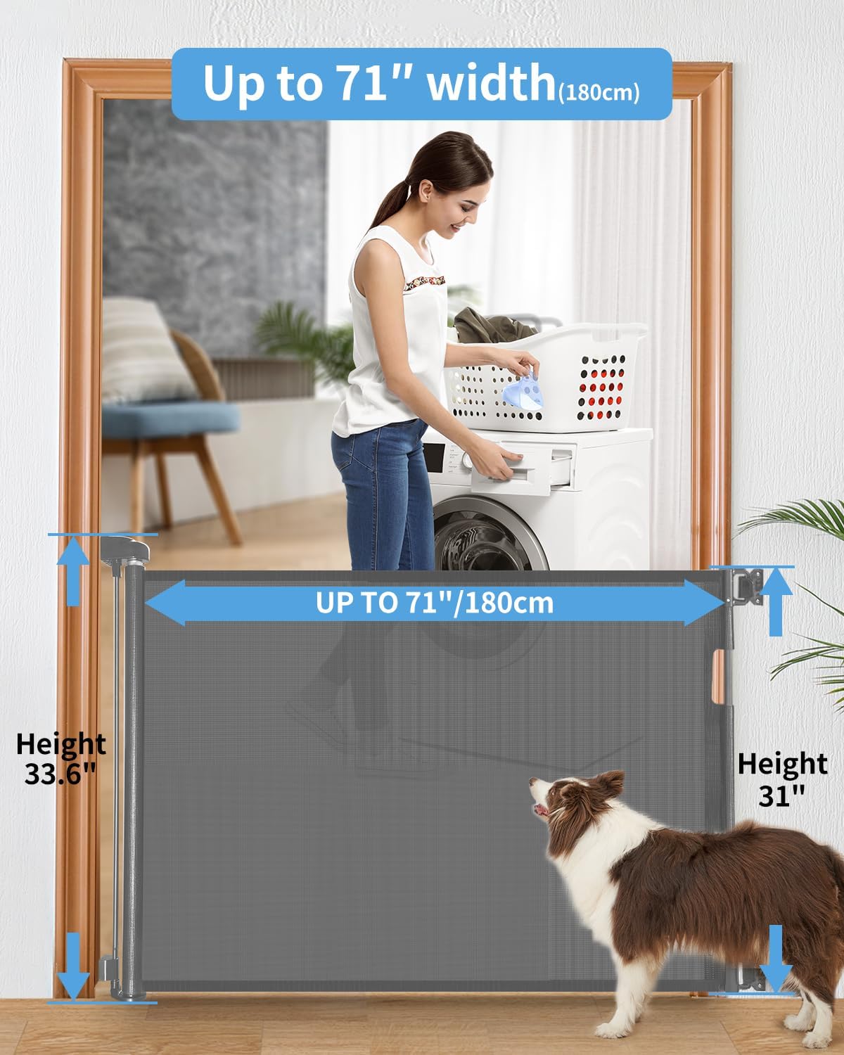33" H Retractable Baby&Dog Gate, Fits up to 55" W, Hardware Mounted