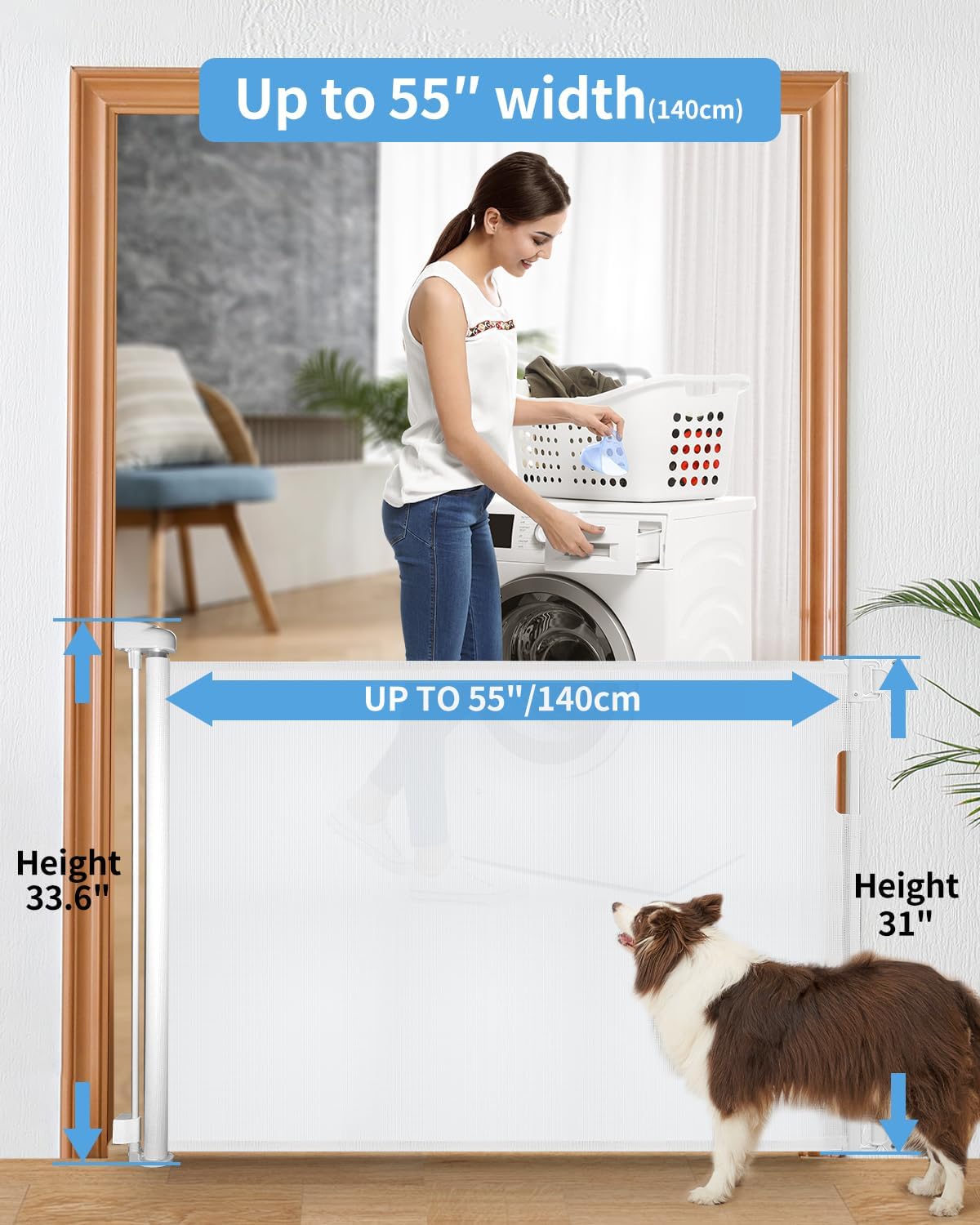 33" H Retractable Baby&Dog Gate, Fits up to 55" W, Hardware Mounted