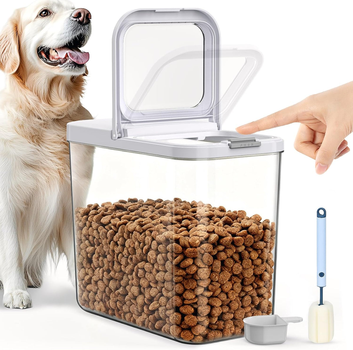 12 lbs Airtight Dog Cat Food Storage Container and Dog Treat Containers BPA-Free, PET Clear Stackable Pet Storage Bin, 1-Cup Scoop, 1-Sponge cleaning brush, Pop Top, With handle, Easy Mobility-large