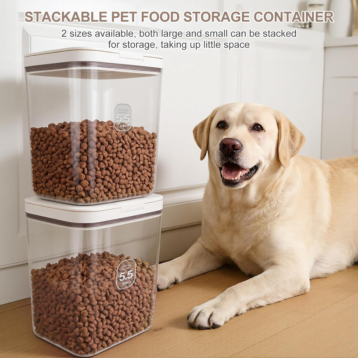 12 lbs Airtight Dog Cat Food Storage Container and Dog Treat Containers BPA-Free, PET Clear Stackable Pet Storage Bin, 1-Cup Scoop, 1-Sponge cleaning brush, Pop Top, With handle, Easy Mobility-large