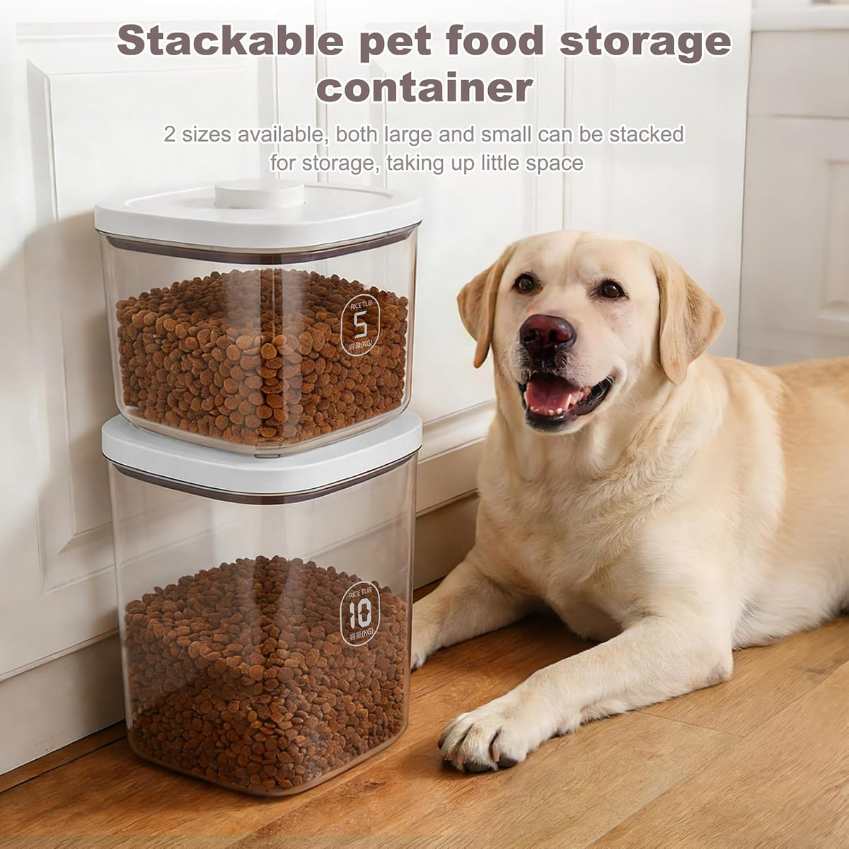 12 lbs Airtight Dog Cat Food Storage Container and Dog Treat Containers BPA-Free, PET Clear Stackable Pet Storage Bin, 1-Cup Scoop, 1-Sponge cleaning brush, Pop Top, With handle, Easy Mobility-large
