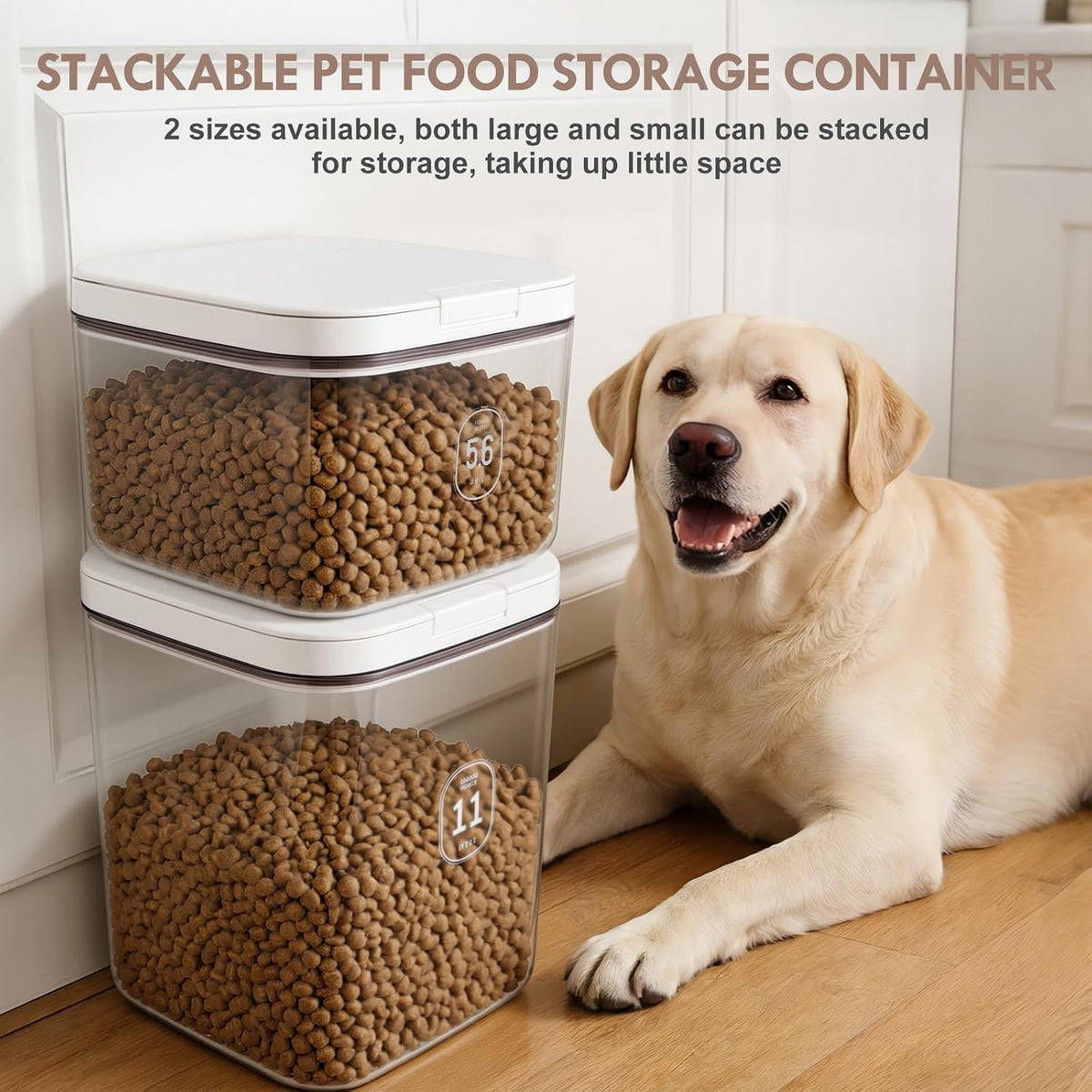 12 lbs Airtight Dog Cat Food Storage Container and Dog Treat Containers BPA-Free, PET Clear Stackable Pet Storage Bin, 1-Cup Scoop, 1-Sponge cleaning brush, Pop Top, With handle, Easy Mobility-large
